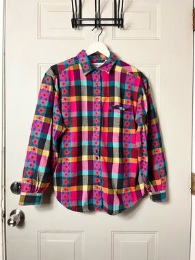 Cabin Creek Vintage 100% Cotton Floral Plaid Colorful Artsy Button Shirt large